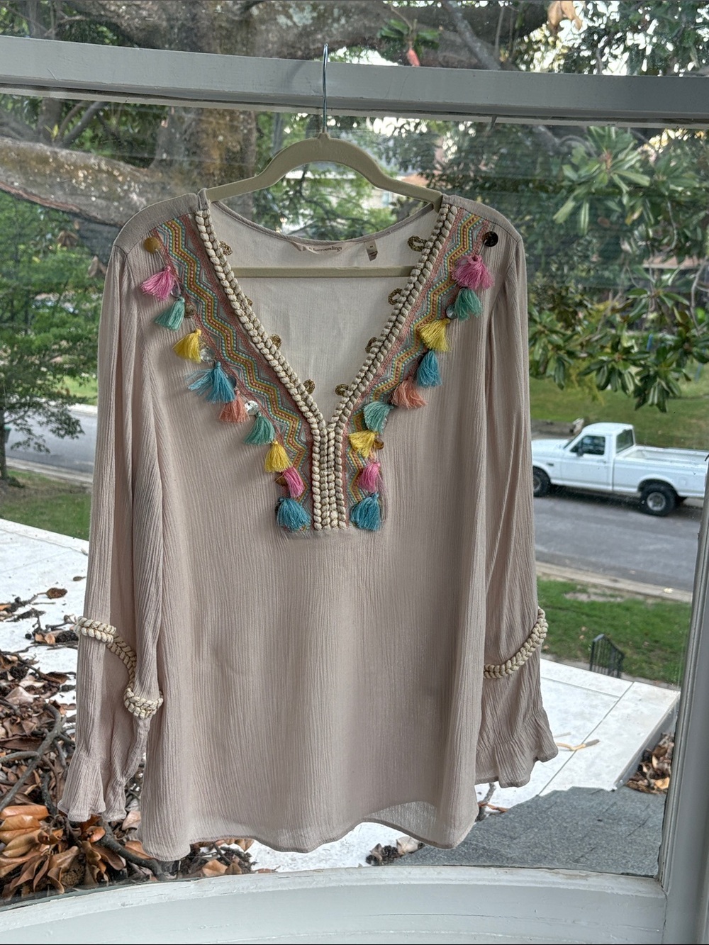 Soft Surroundings Cream Boho Tassel V-Neck Tunic-Medium